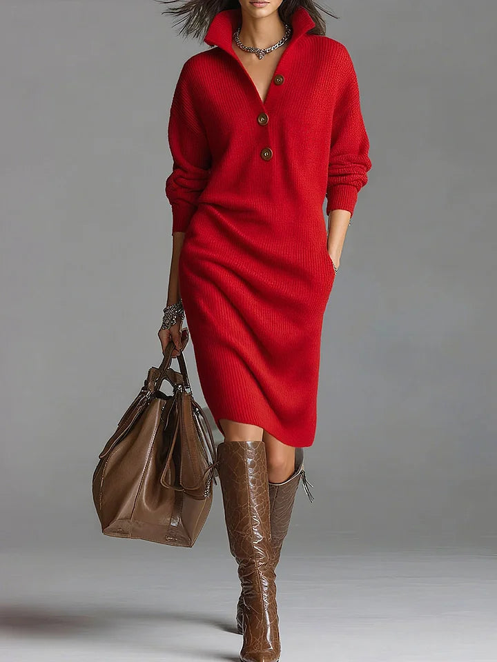 Ava | Knitted Collared Button-Front Midi Dress