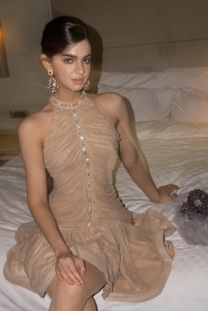 Bronte | Sparkly Mini Dress Ruched Rhinestone Halter