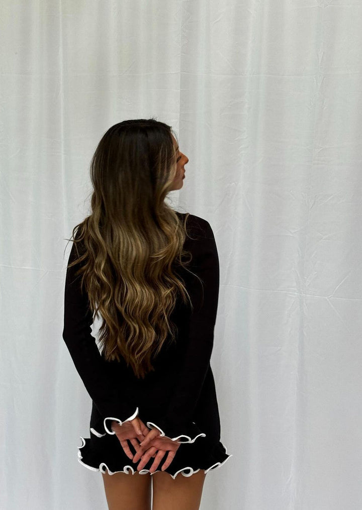 Lottie | Long Sleeve Black Mini Dress with Ruffle Trim