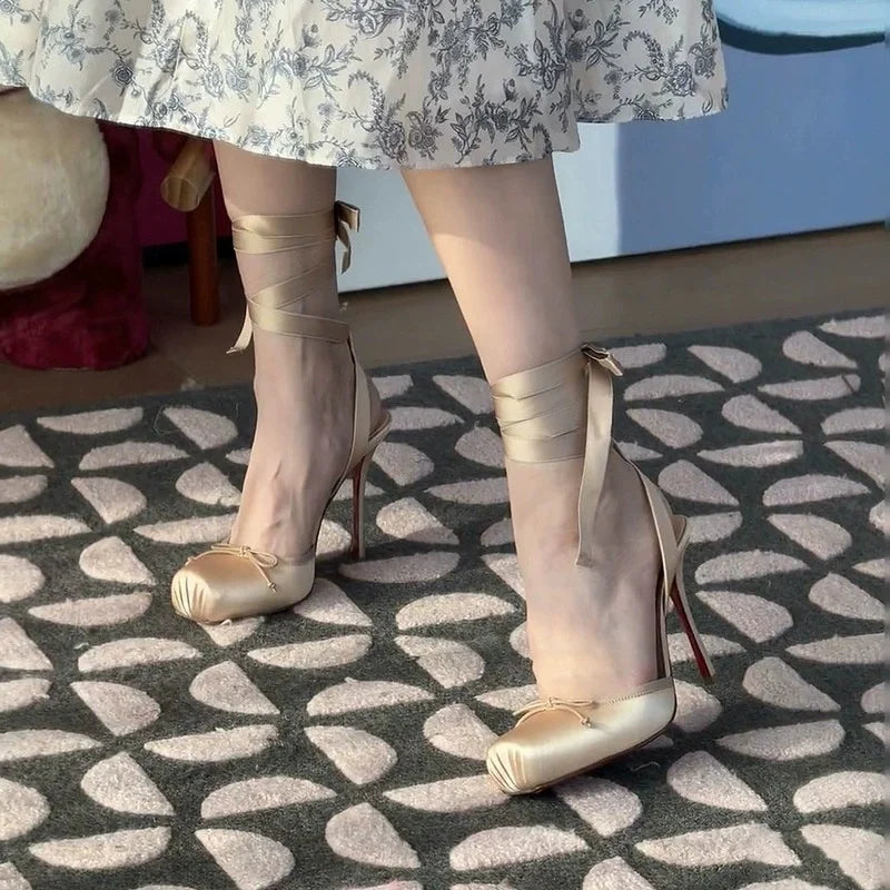 Alice | Satin Ballet Ankle Tie Heeled Pumps