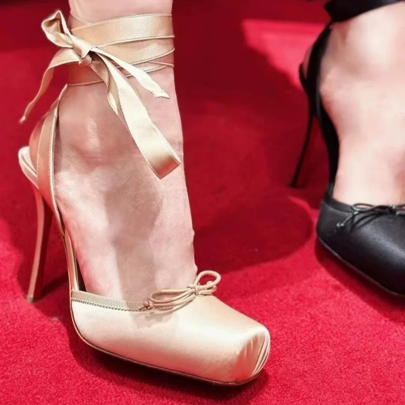 Alice | Satin Ballet Ankle Tie Heeled Pumps