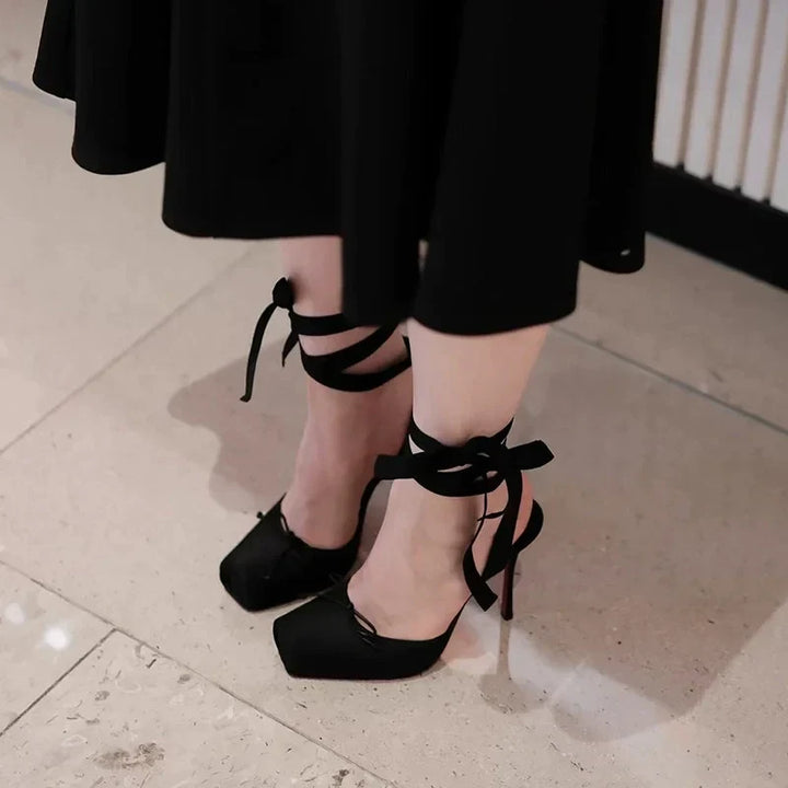 Alice | Satin Ballet Ankle Tie Heeled Pumps