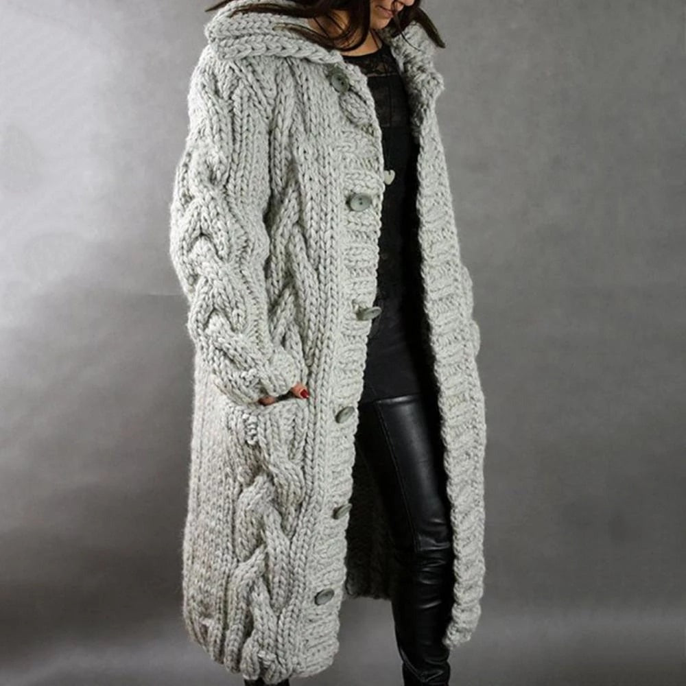 Alice | Womens Longline Chunky Cable Knit Hooded Cardigan
