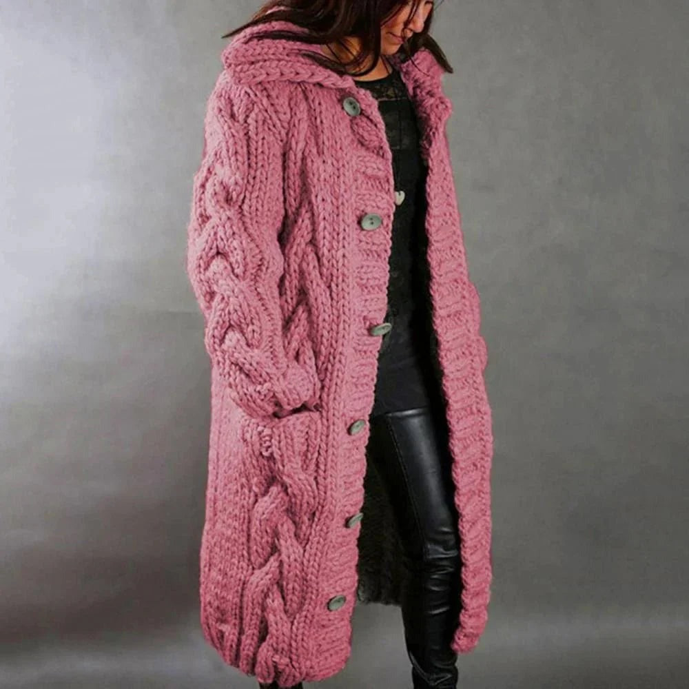 Alice | Womens Longline Chunky Cable Knit Hooded Cardigan