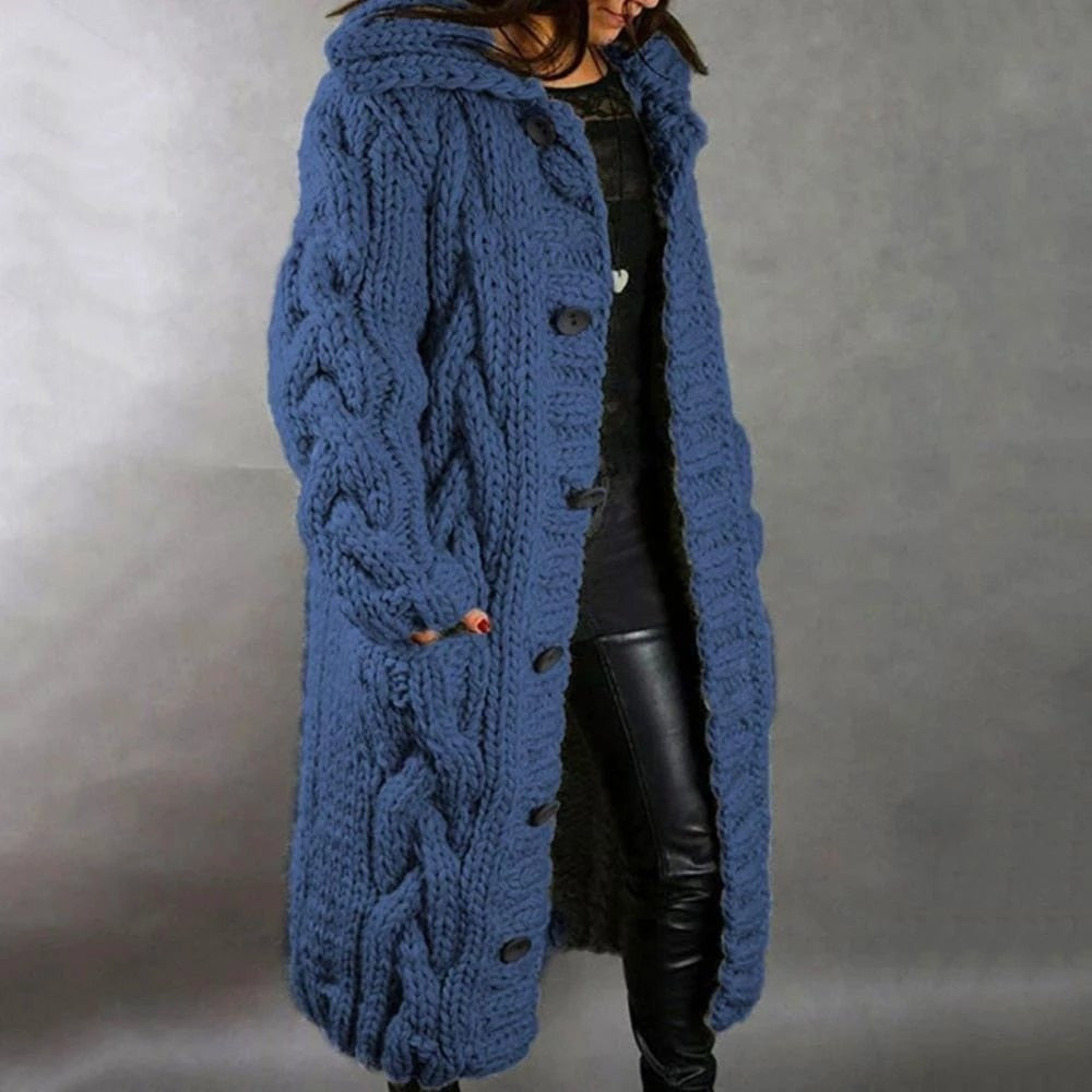Alice | Womens Longline Chunky Cable Knit Hooded Cardigan