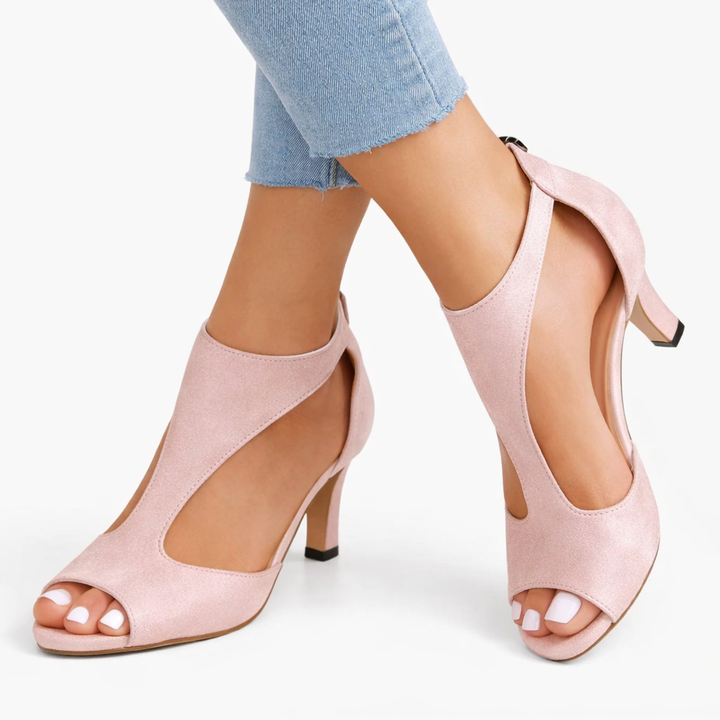 Amelia | Suede Peep Toe T-Strap Block Heels