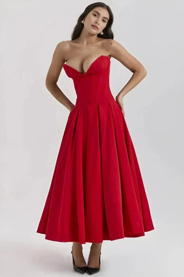 Amelia | Wedding Guest Strapless Pleated Midi Dress