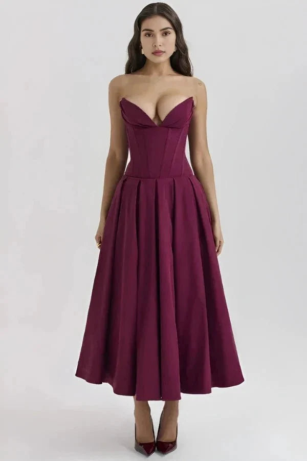 Amelia | Wedding Guest Strapless Pleated Midi Dress