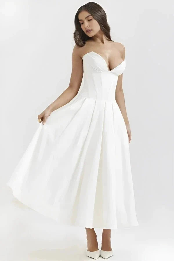 Amelia | Wedding Guest Strapless Pleated Midi Dress