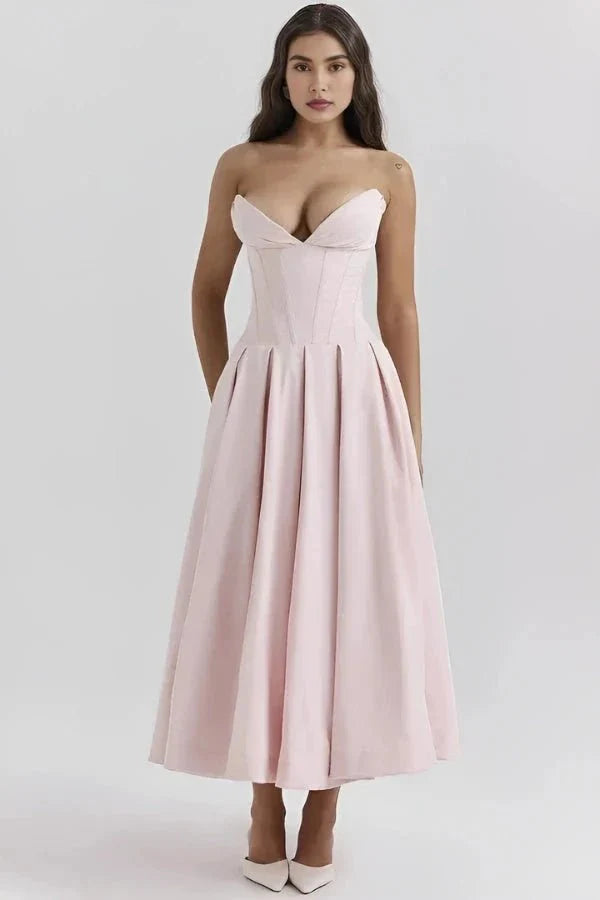 Amelia | Wedding Guest Strapless Pleated Midi Dress