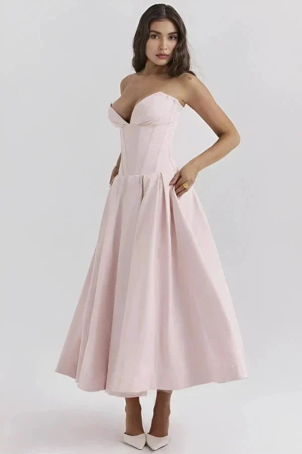 Amelia | Wedding Guest Strapless Pleated Midi Dress
