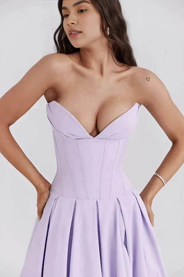 Amelia | Wedding Guest Strapless Pleated Midi Dress