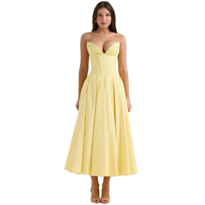 Amelia | Wedding Guest Strapless Pleated Midi Dress