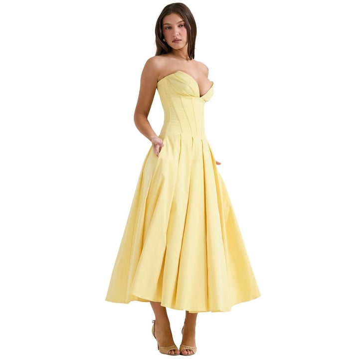 Amelia | Wedding Guest Strapless Pleated Midi Dress