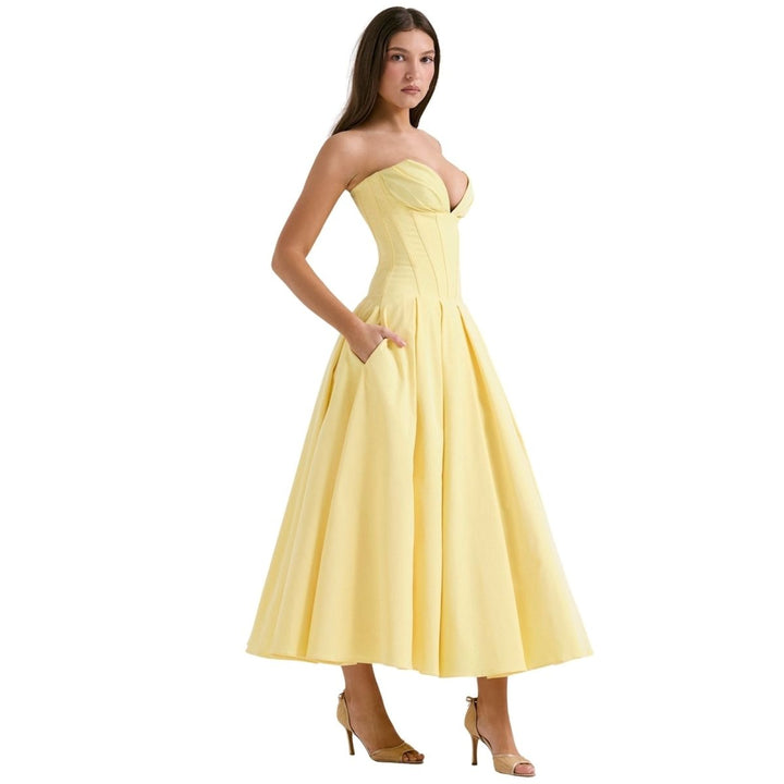 Amelia | Wedding Guest Strapless Pleated Midi Dress