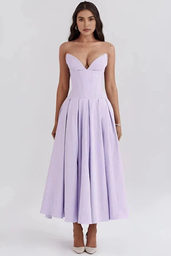Amelia | Wedding Guest Strapless Pleated Midi Dress