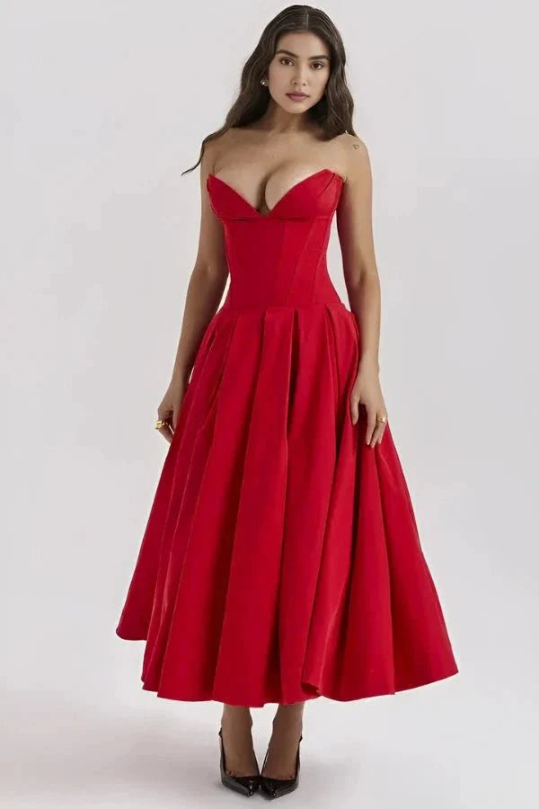 Amelia | Wedding Guest Strapless Pleated Midi Dress
