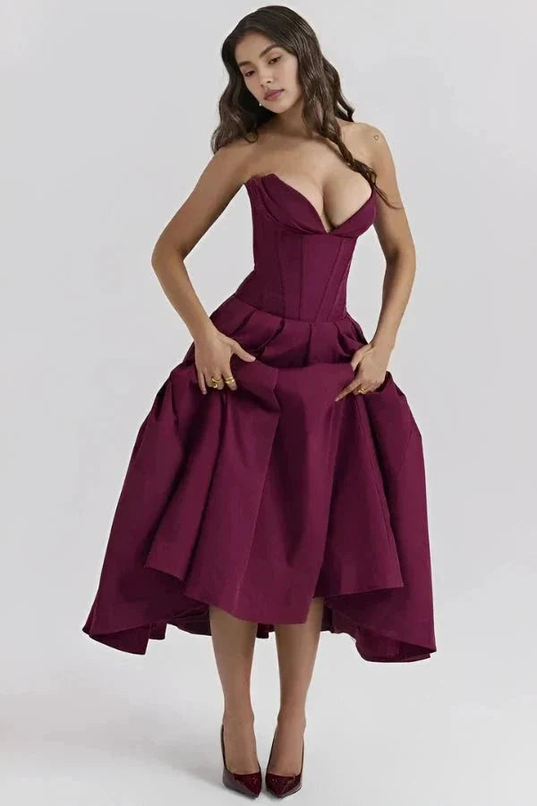 Amelia | Wedding Guest Strapless Pleated Midi Dress