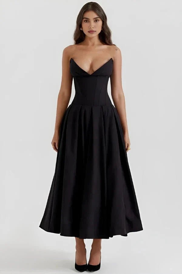 Amelia | Wedding Guest Strapless Pleated Midi Dress
