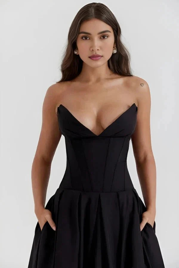 Amelia | Wedding Guest Strapless Pleated Midi Dress