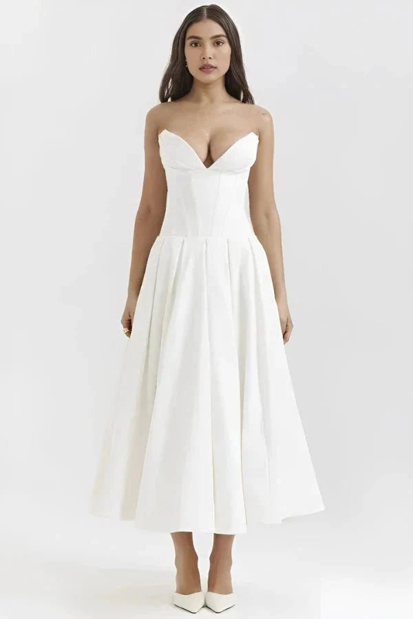 Amelia | Wedding Guest Strapless Pleated Midi Dress