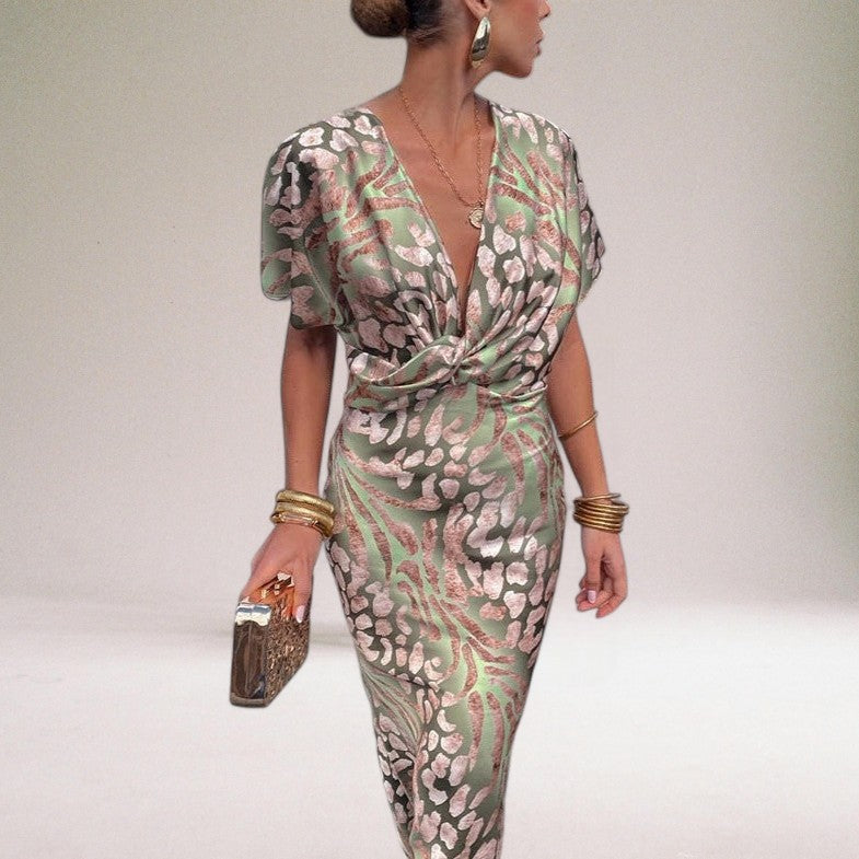 Arabella | Wedding Guest Green Animal Print Wrap Maxi Dress
