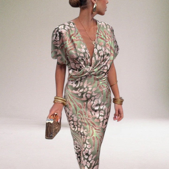 Arabella | Wedding Guest Green Animal Print Wrap Maxi Dress