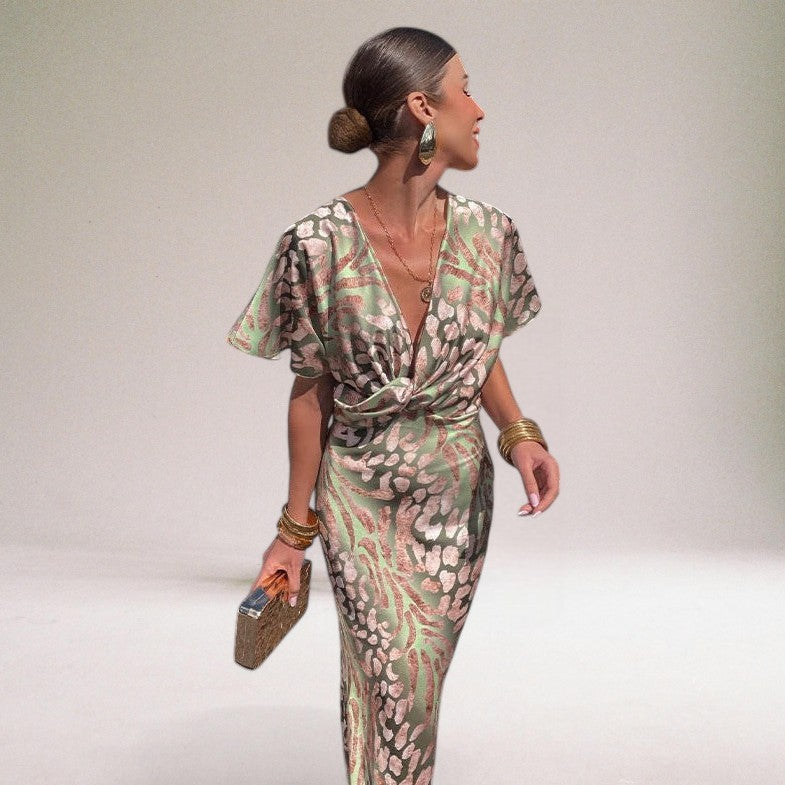 Arabella | Wedding Guest Green Animal Print Wrap Maxi Dress