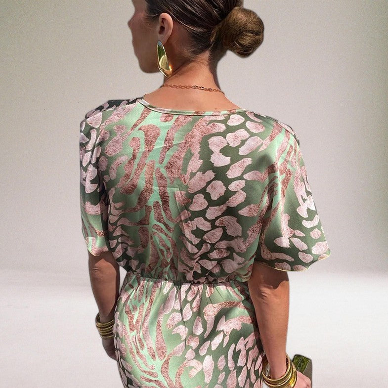 Arabella | Wedding Guest Green Animal Print Wrap Maxi Dress
