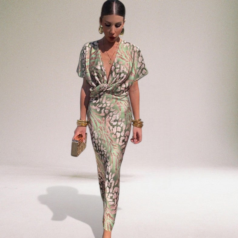 Arabella | Wedding Guest Green Animal Print Wrap Maxi Dress