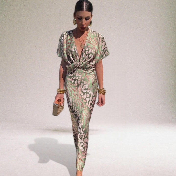 Arabella | Wedding Guest Green Animal Print Wrap Maxi Dress