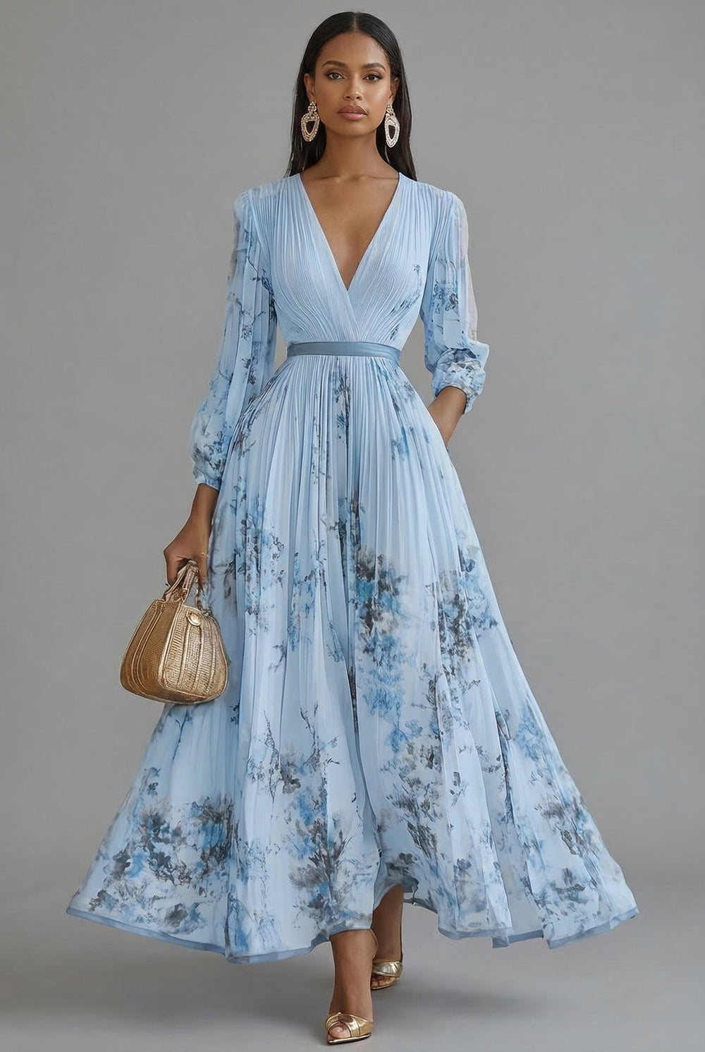 Ava | Pleated Floral Long Sleeve Wedding Guest Maxi Dress