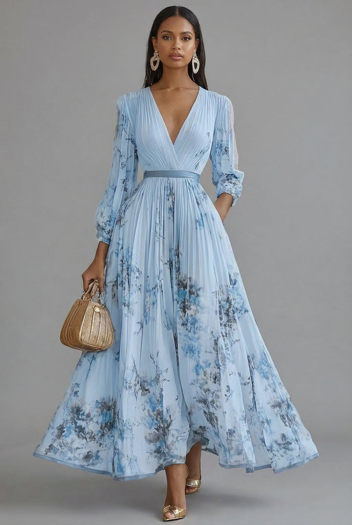 Ava | Pleated Floral Long Sleeve Wedding Guest Maxi Dress