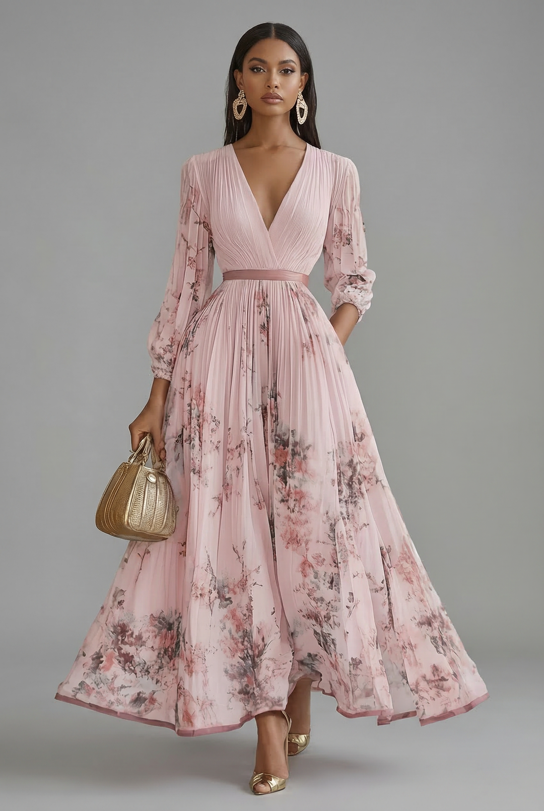 Ava | Pleated Floral Long Sleeve Wedding Guest Maxi Dress