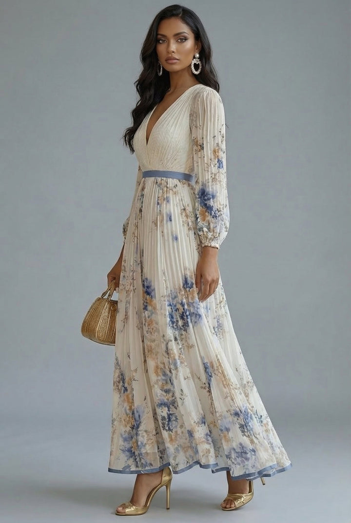 Ava | Pleated Floral Long Sleeve Wedding Guest Maxi Dress
