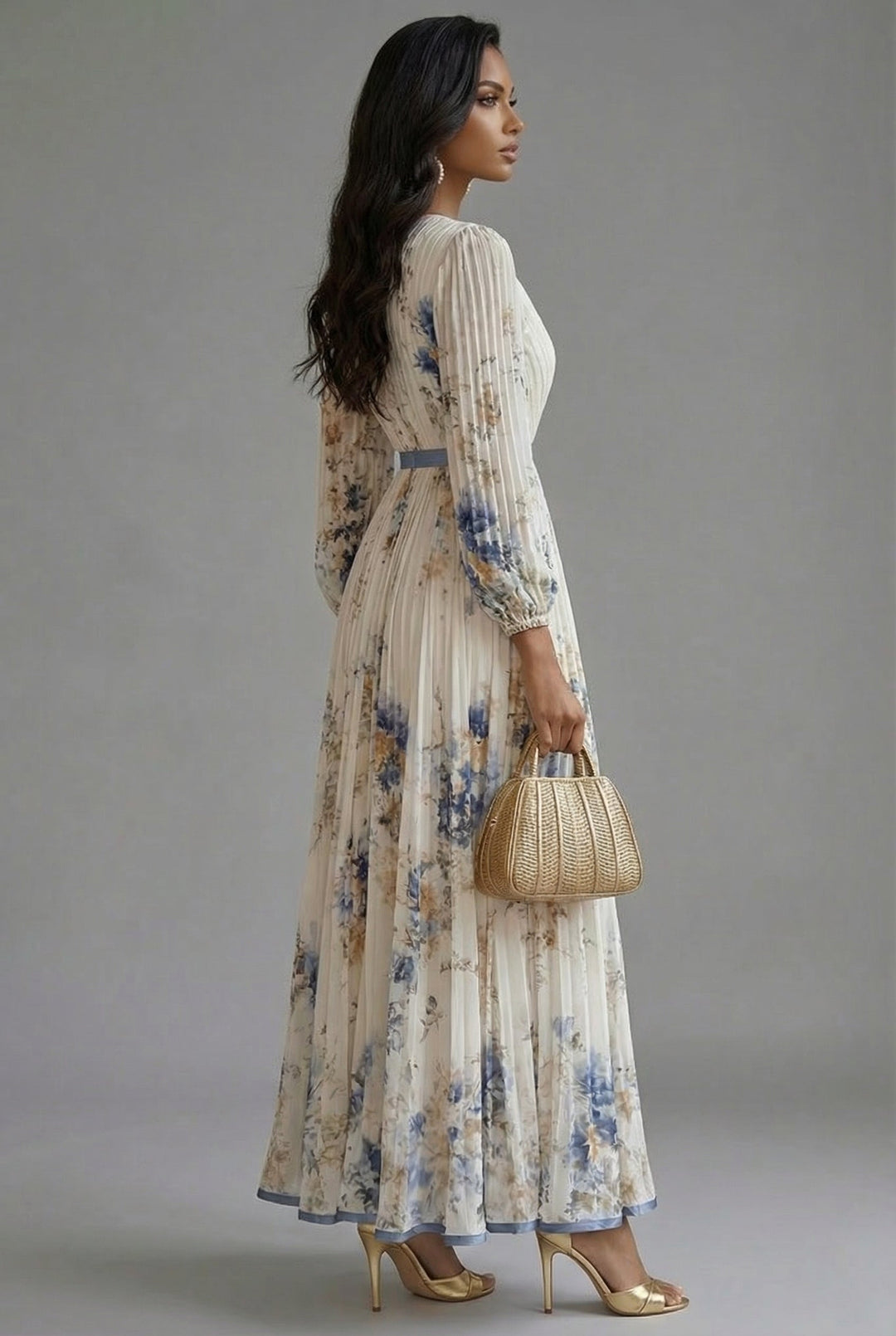 Ava | Pleated Floral Long Sleeve Wedding Guest Maxi Dress