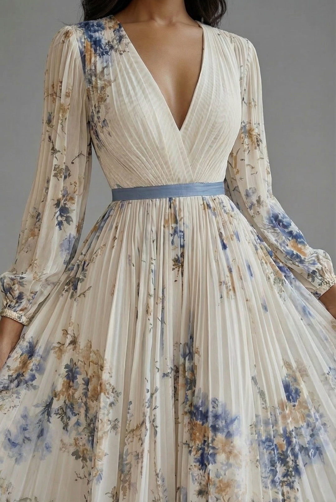 Ava | Pleated Floral Long Sleeve Wedding Guest Maxi Dress
