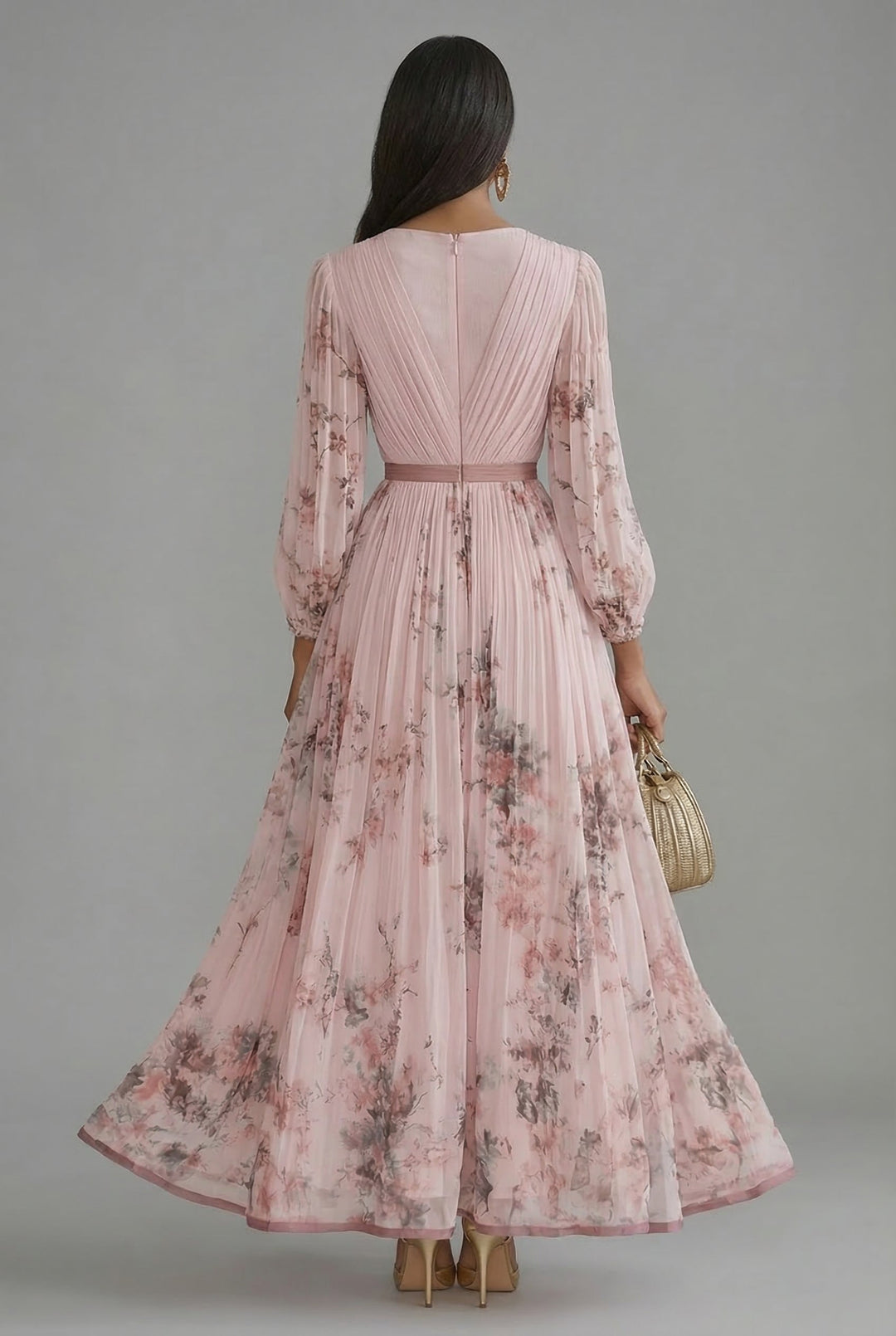 Ava | Pleated Floral Long Sleeve Wedding Guest Maxi Dress