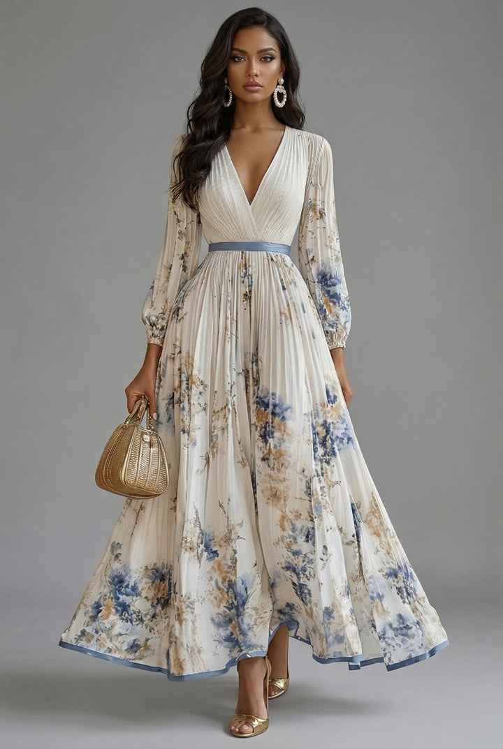 Ava | Pleated Floral Long Sleeve Wedding Guest Maxi Dress
