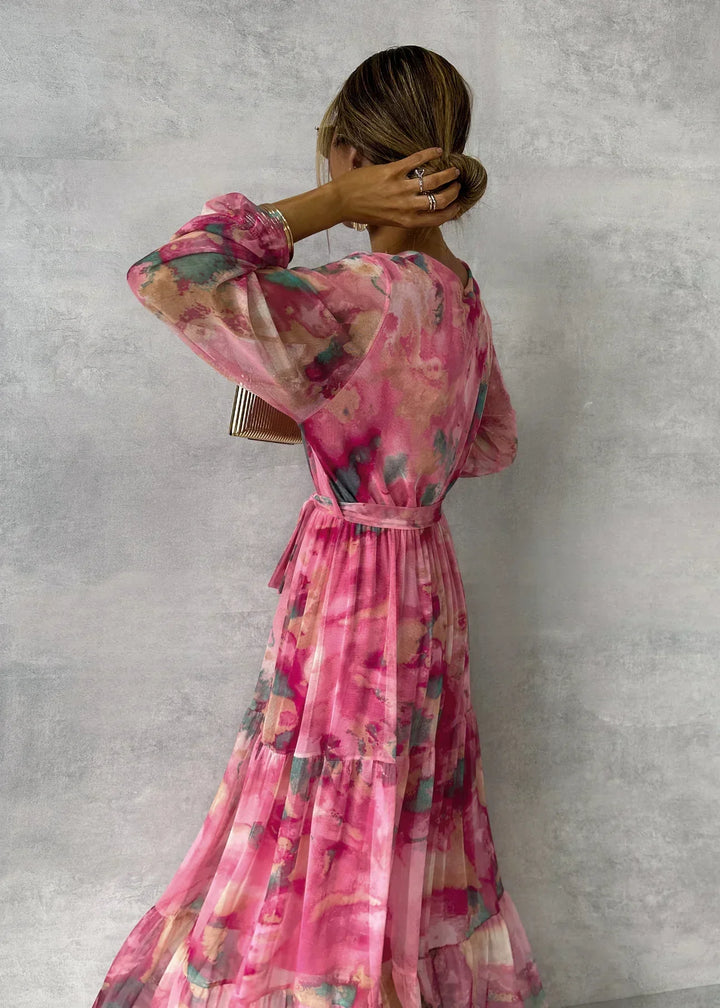 Ava | Wedding Guest Pink Chiffon Maxi Wrap Dress
