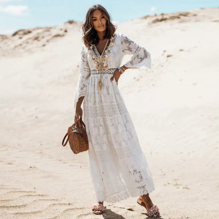 Beatrice | Wedding Guest Lace Bell Sleeve Maxi Dress