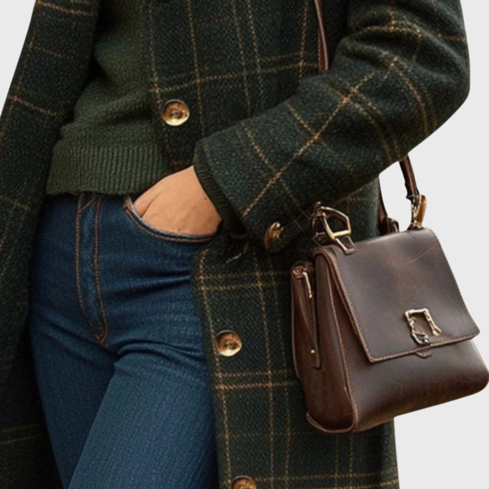Beatrice | Womens Dark Green Checked Wool Overcoat