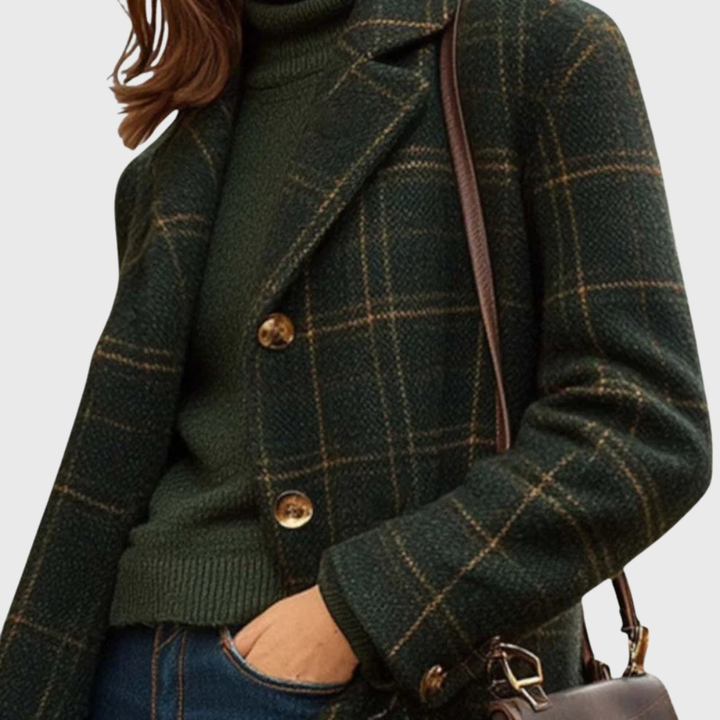 Beatrice | Womens Dark Green Checked Wool Overcoat