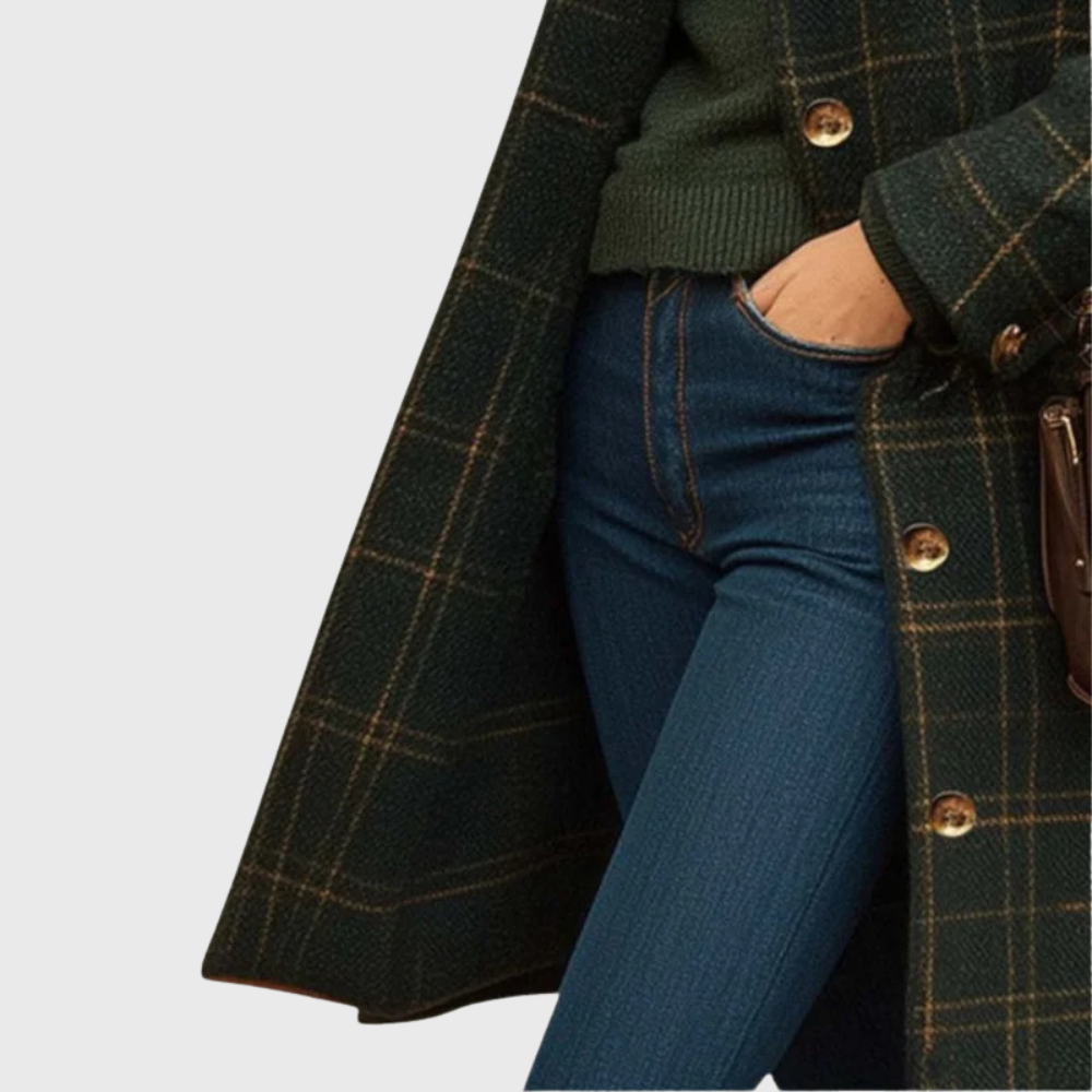 Beatrice | Womens Dark Green Checked Wool Overcoat