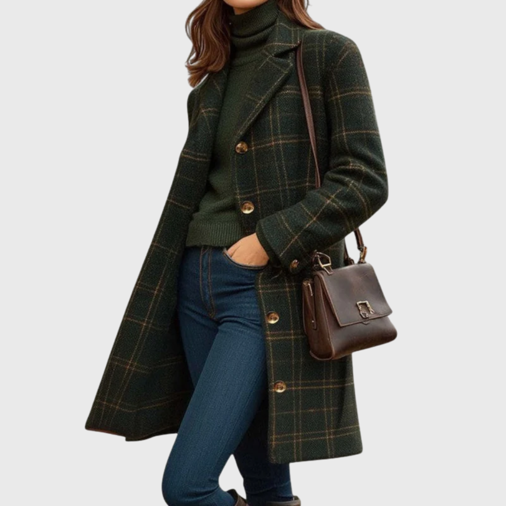 Beatrice | Womens Dark Green Checked Wool Overcoat