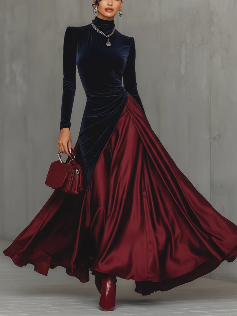 Tamsin | Velvet Turtleneck Colour Block Maxi Dress