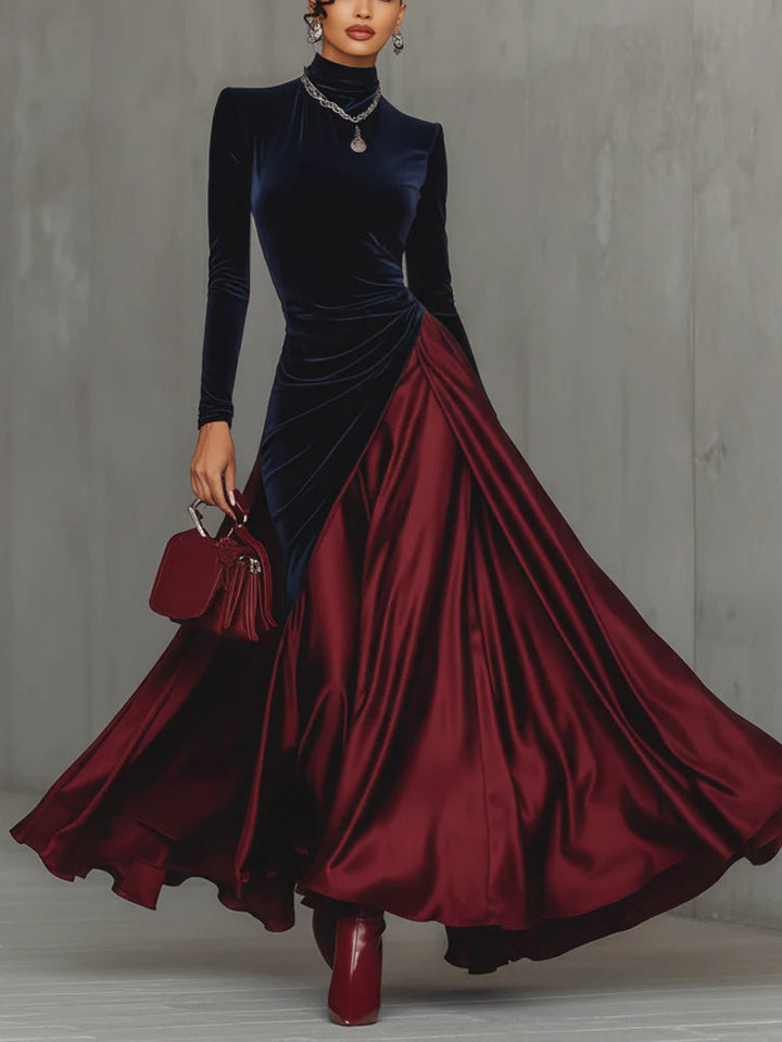 Tamsin | Velvet Turtleneck Colour Block Maxi Dress