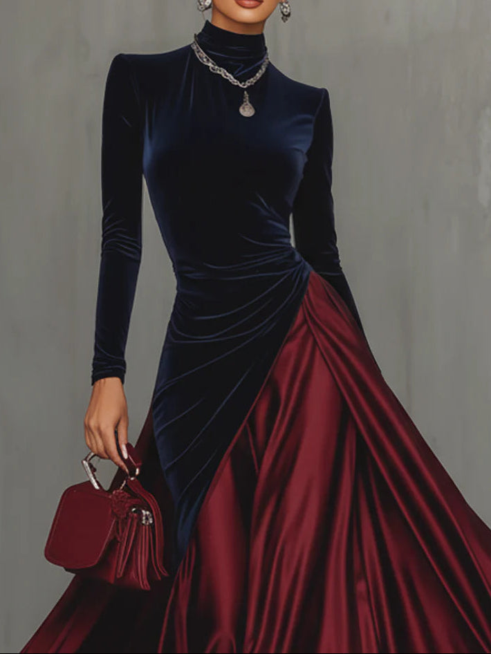 Tamsin | Velvet Turtleneck Colour Block Maxi Dress