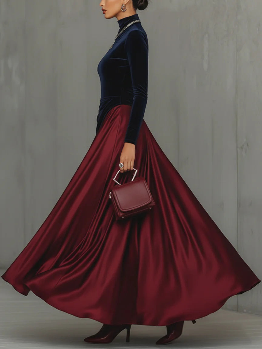 Tamsin | Velvet Turtleneck Colour Block Maxi Dress