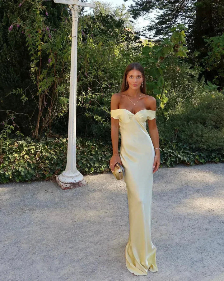 Bronte | Off Shoulder Wedding Guest Satin Maxi Dress